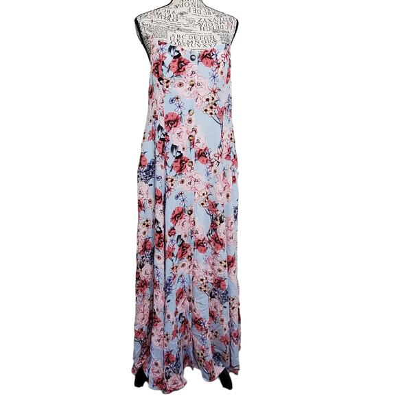 Listicle Blue Pink Floral Maxi Dress Strappy Button Front Pockets  Large - Picture 1 of 11